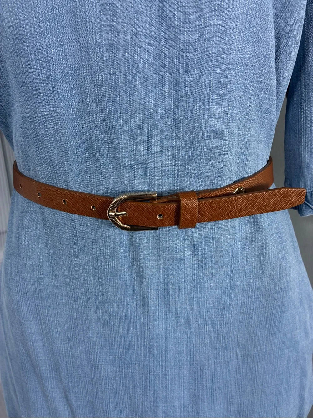 Steve Madden Womens Belt 42” long Cognac Textured Leather Gold-Tone Buckle